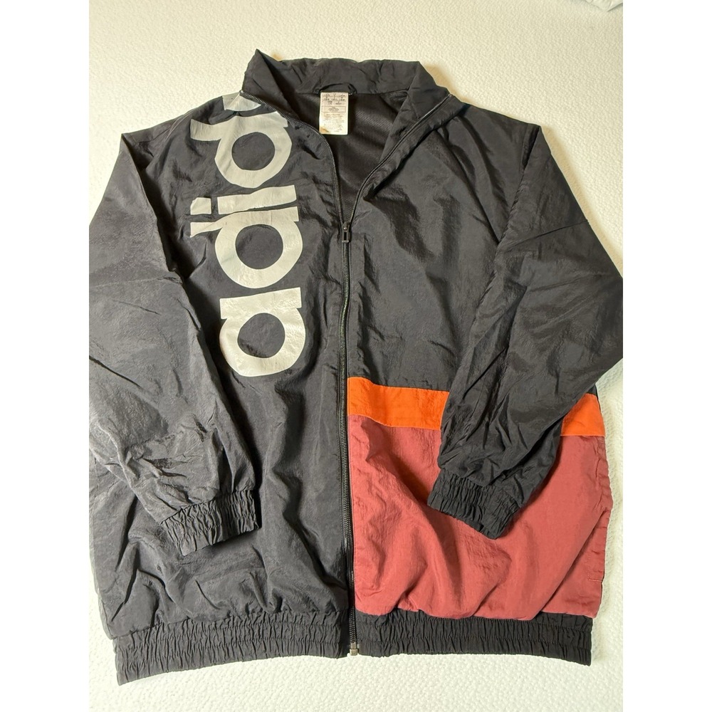 Adidas Spell Out Color Block Black Silver Nylon Windbreaker Jacket Size L